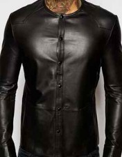 New Mens Black Leather Round Neck Shirt. Real Soft Sheepskin Biker leather Shirt