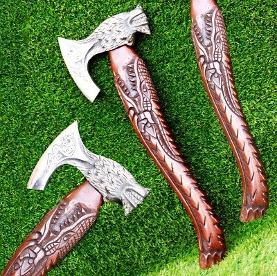 Handmade Viking Wolf Axe Wood Carved Handle Best Viking Gift, best birthday Gift