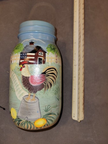 Hand Painted Farm House ROOSTER Vintage folk art Mason Jar #7 - Picture 4 of 4