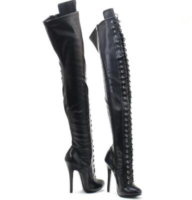 14CM Women Over the Knee Leather Boots Lace Up Stretch