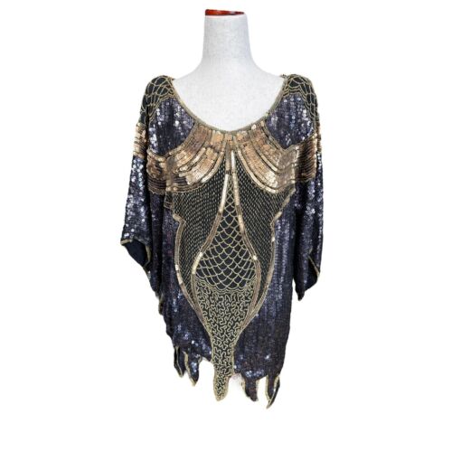 Camicetta vintage anni '70 '80 Swee-Lo 100% seta paillettes dea pipistrello discoteca orlo fatato L - Foto 5 di 6