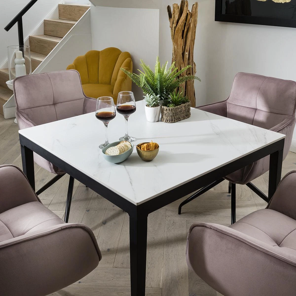 4 Person Luxury Dining Set White Ceramic Marble Table Chairs