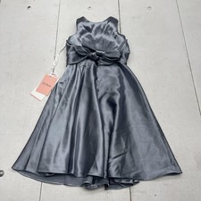 JJ'S House Satin Fit  Flare Flower Girl Dress 4-5Y Dusty Blue Bow Waist Midi