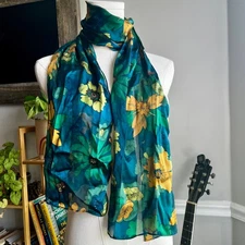 Vintage Y2K Blue Green Yellow Floral Silk Striped Neck Hair Scarf