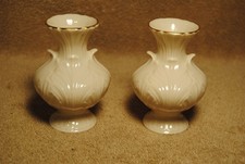 2 Vintage Lenox Ivory Bud Vases Gold Trim Top Made in USA Leaf Motif