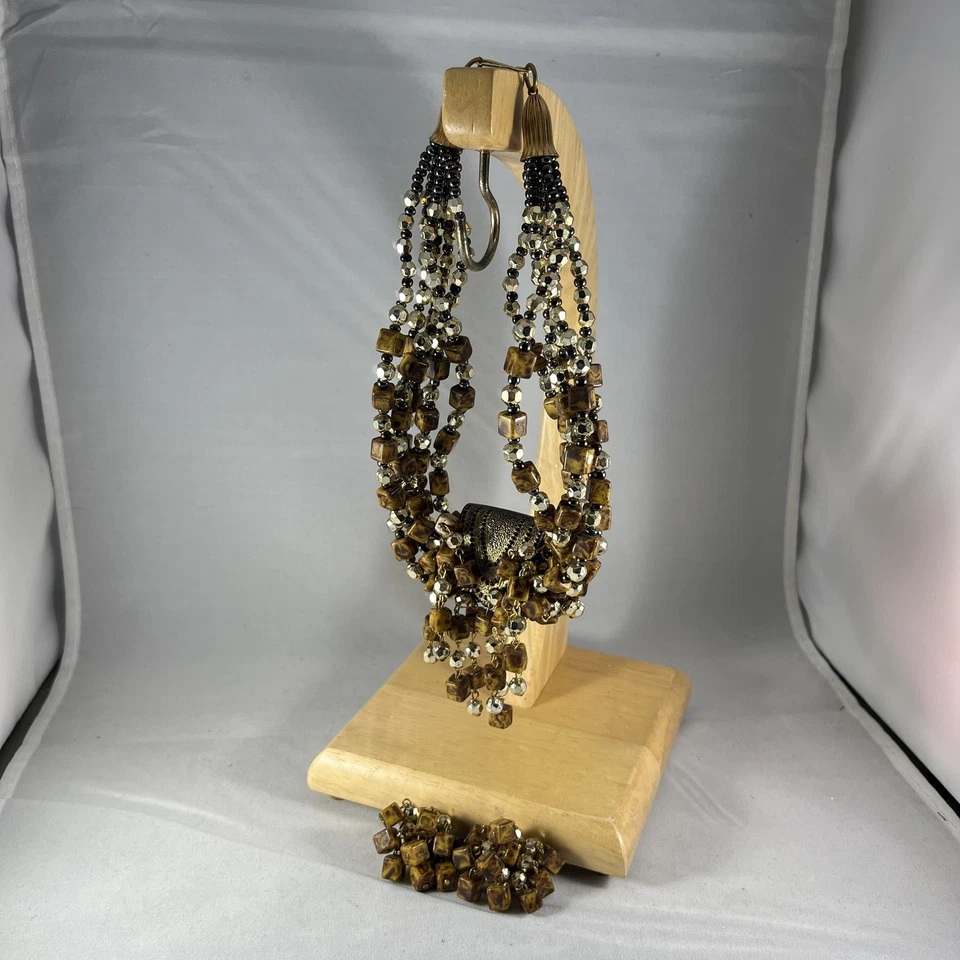 Conjunto de Pendientes Clip Collar Ojo de Tigre Marrón Tono Dorado Multi-Hebra Boho Terroso Foto 2 de 4