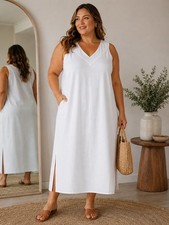DKNY Women's Sleeveless V-Neck Dress White Linen Blend XXL Slits Langenlook  NWT