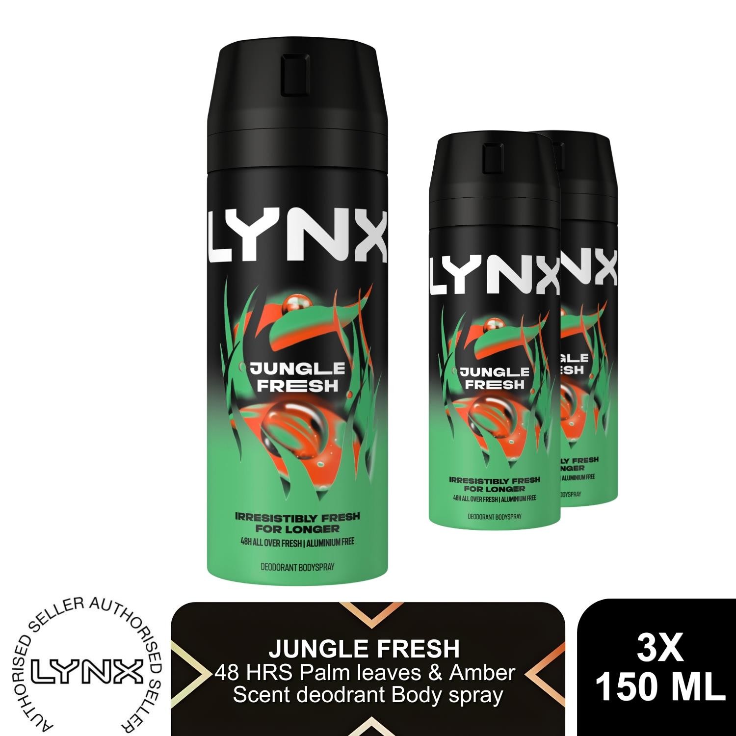 Lynx Jungle Fresh Body Spray 150ml 3 Pack Mens Deodorant 48H Palm & Amber Scent