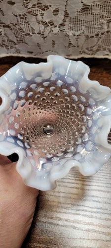 Fenton Vintage Moonstone Opalescent Hobnail Vase With Ruffled Edge