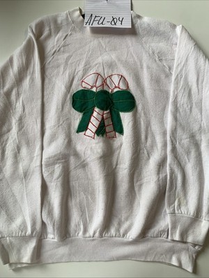 Vintage weiße Zuckerstange grüne Schleife Applikation Raglanärmel Rundhalsausschnitt AFU-04
