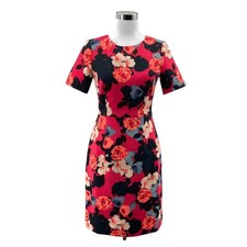 J.CREW Red Floral Sheath Dress Sz 2 Womens Crepe Short Sleeve Crew Neck Back Zip