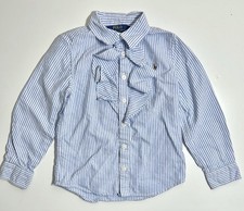 Ralph Lauren Polo Girls 5 Ruffled Bib Blue Stripe Oxford Long Sleeve Shirt Kids