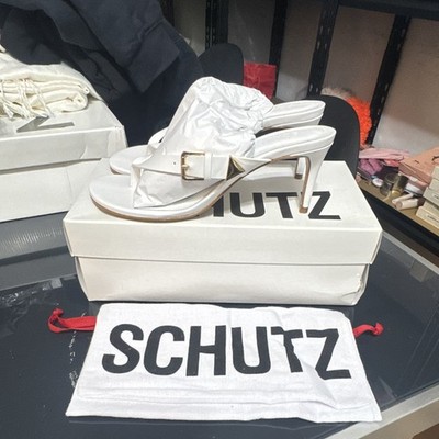 Schutz White Leather Mule Heels Gold Buckle Strap Open Toe US 7.5 B