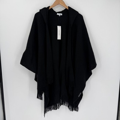 NWT Calvin Klein Hooded Poncho Sweater Cardigan Fringe Hem Black One Size