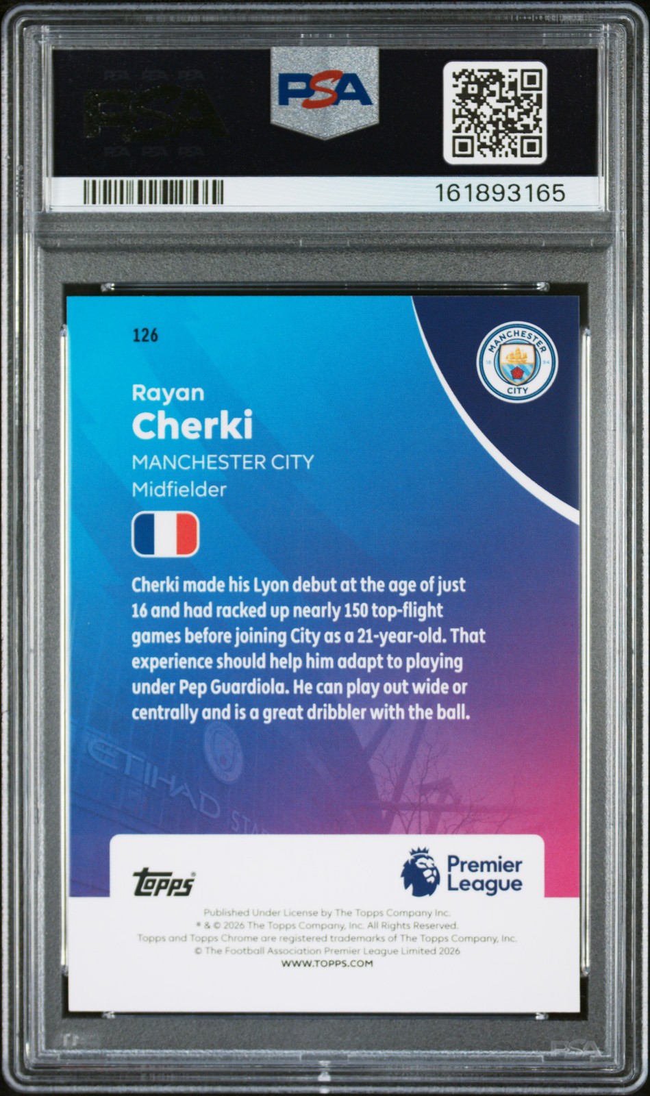 Rayan Cherki 2026 Topps Chrome Sapphire Premier League Gold Refractor /50 PSA 9 view 2