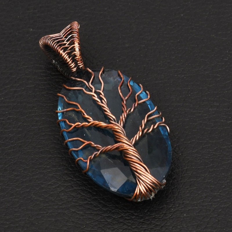 Tree Of Life Blue Topaz Gemstone Ethnic Copper Wire Pendant Jewelry 2" AP-37979