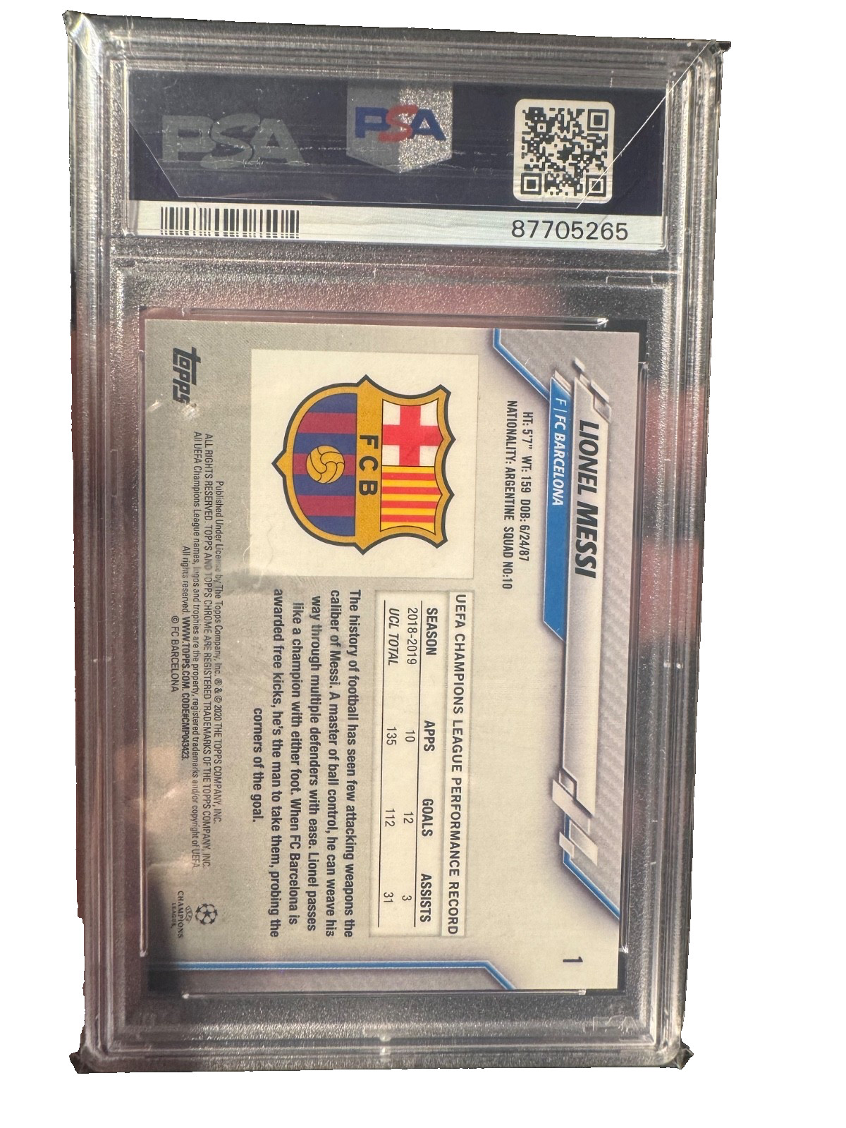 2019-20 Topps Chrome UCL Sapphire Edition LIONEL MESSI GEM MINT PSA 10 view 2