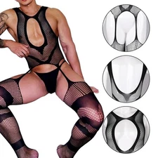 Sensual Men's See Through Bodysuit with Sissy Stockings and Mesh Net Fabric