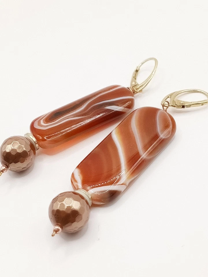 Orecchini Lobo Pendenti Argento Dorato Color Oro Corniola Sfera Bronzo Sfaccetta - Immagine 4 di 4