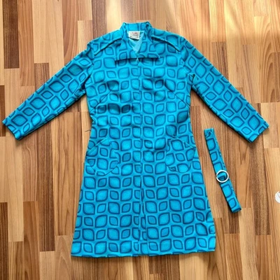 1970s Blue Geometric Mod Mini Dress Long Sleeve Belted Aline Twiggy Style GoGo - Photo 1/4