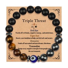 Triple Protection Bracelet for Men Women Evil Eye Tiger Eye Black Tourmaline Hem
