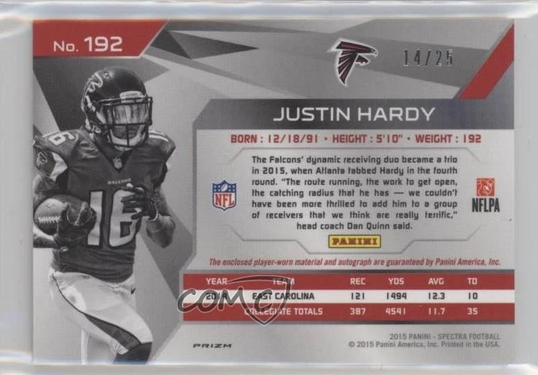 2015 Panini Spectra Neon Green Prizm /25 Justin Hardy RPA Rookie Patch Auto RC - Image 2 of 2