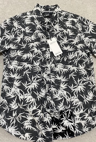 Cactus Shirt Mens Medium Black White Bamboo Leaf Print Slim Fit Cotton Casual - Picture 3 of 13