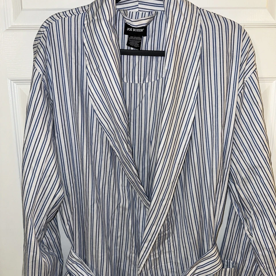 Joe Boxer Hombre Azul Blanco Bata a Rayas Manga Larga Bolsillos Corbata Talla Única Foto 2 de 4