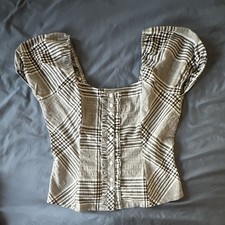 Black/White Plaid Puff Sleeve Button Front Sq...