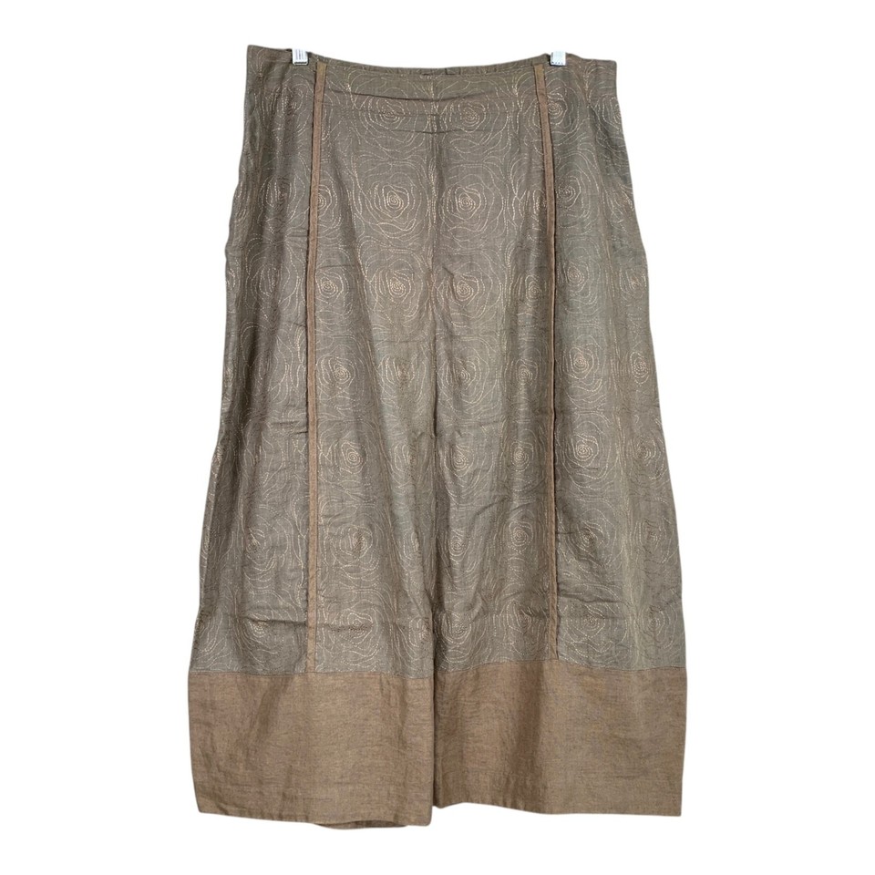 OSKA 100% Linen Balloon Skirt UK18 Khaki Embroidered Floral Pattern Midi Arty
