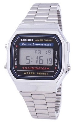 Casio Illuminator Digital Alarm Chrono Edelstahl 12/24 A168WA-1WDF Unisex-Uhr