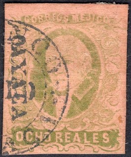 MEXICO: 1856 Imperf 8 Reales Green on Brown Sg 14a Average Used Cat £140