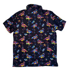 Birdie Bound Mens Black Flamingo Print Golf Polo Shirt Size M