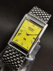 Vintage Seiko Slim Tank Quartz Men Yellow Face Dress Watch-Free Shipping