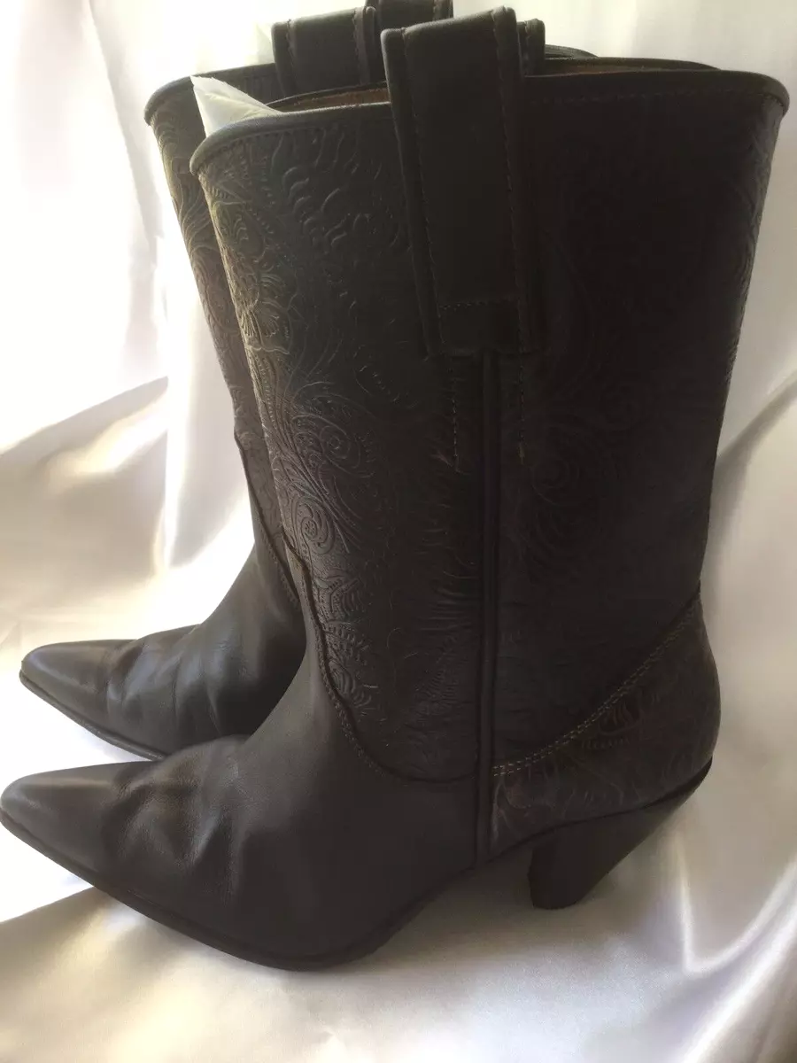 RM WILLIAMS Dark Brown Western Cowgirl Boots Tooled Genuine Leather Cuban Heel