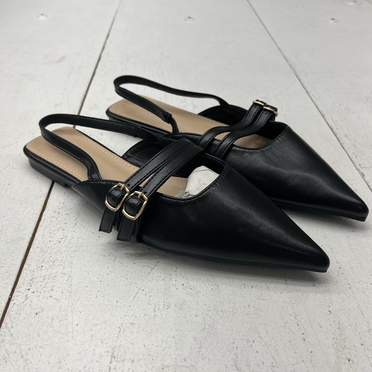 Black Slip On Pointed Toe Flat Mules Double Buckle Accent Straps