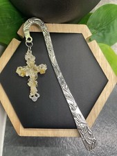 4.5 Handmade Silver-tone Metal Hook Bookmark With 1.5 Stone Cross Pendant 234