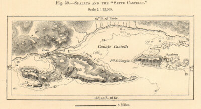 Split & 7 Schlösser. Insel Ciovo/Bua. Spalato. Kroatien. Skizzenkarte 1885 alt