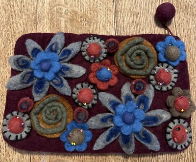 Rising Tide Handmade Wool Clutch Purse Pouch  Appliquéd Flowers