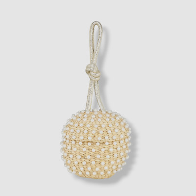 $279 Poolside Women's Beige Woven Straw Faux Pearl Disco Ball Wristlet Purse Bag