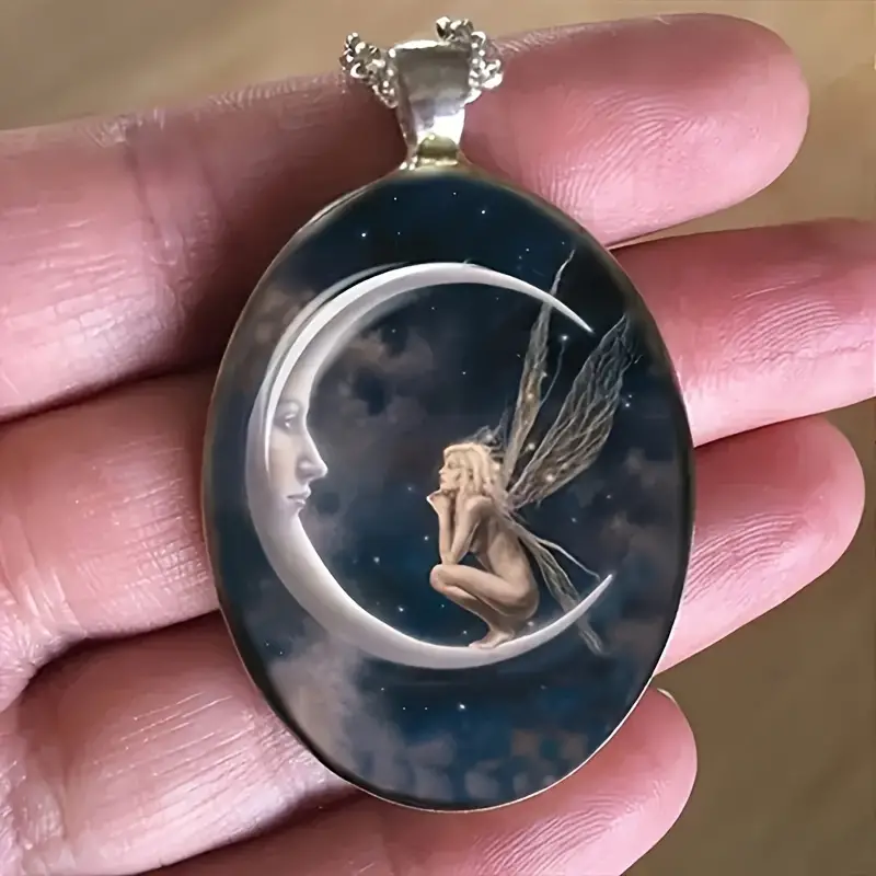 2Z5  Fairy Moon Oval Jewelry Vintage Silvery Tinker Bell Elf