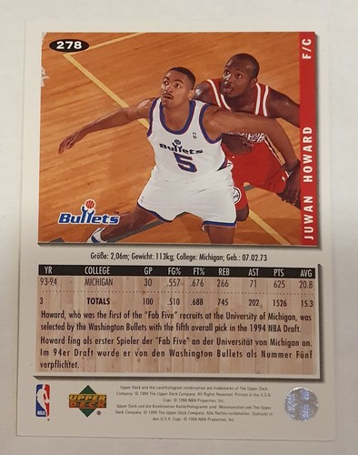 Rookie Juwan Howard Bullets 1994-95 Collector's Choice Int. German NBA Card №278 - Bild 2 von 2