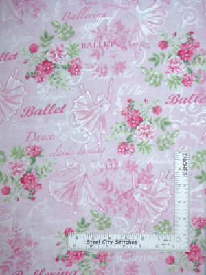 Ballet Theater Ballerina Dancer Pink Rose Pearl Fabric Last Yard Cotton Benartex
