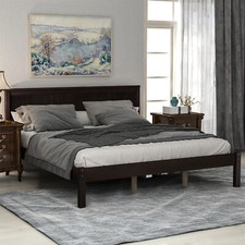 Queen Size Bed Frame Wood Platform Bed with Headboard Wood Slat Support Espresso