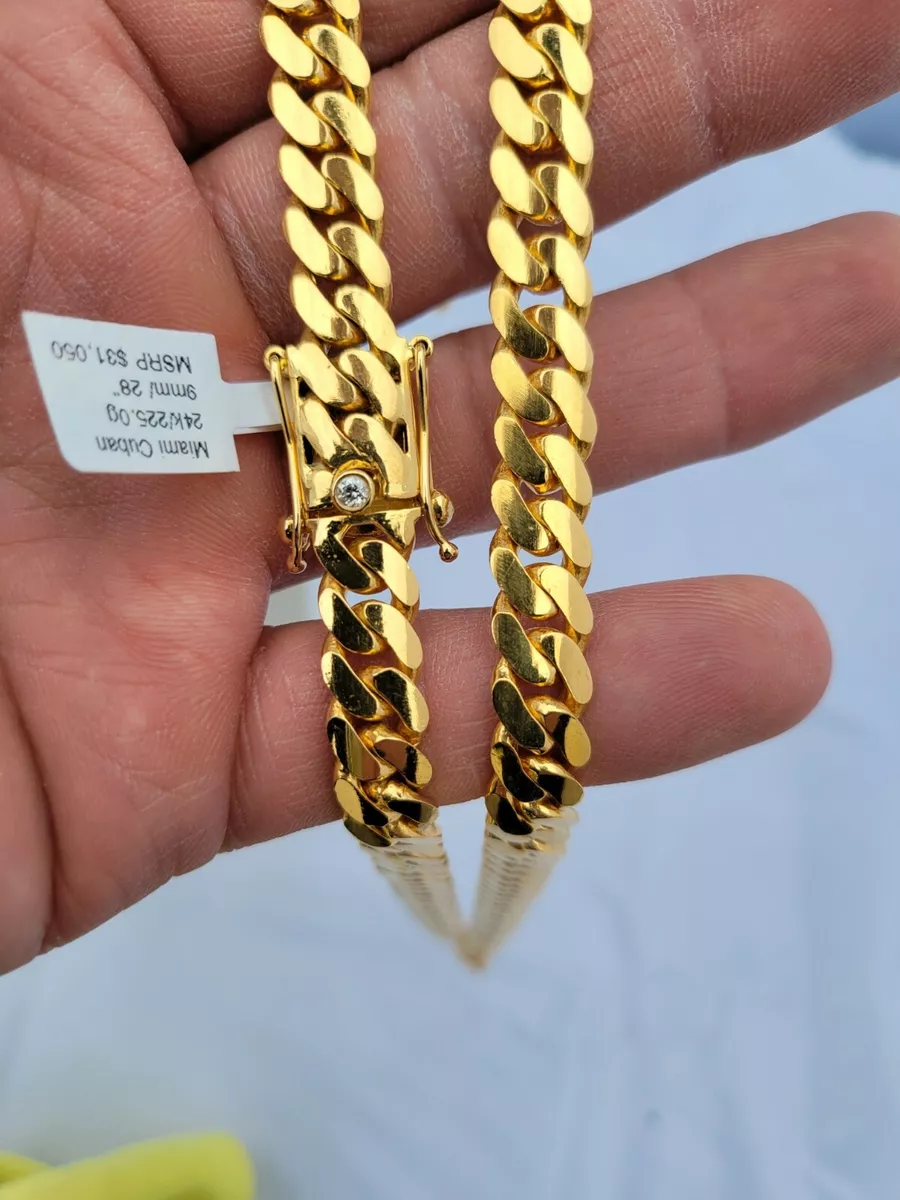 Miami Cuban Chain 24k 28 9mm Orange Solid 225 grams diamond pushdown