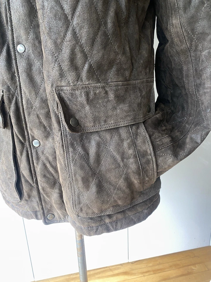 M&S BLUE HARBOUR LARGE KHAKI BROWN SUEDE QUILTED JACKET PLAID THINSULATE LINING - Image 4 of 4