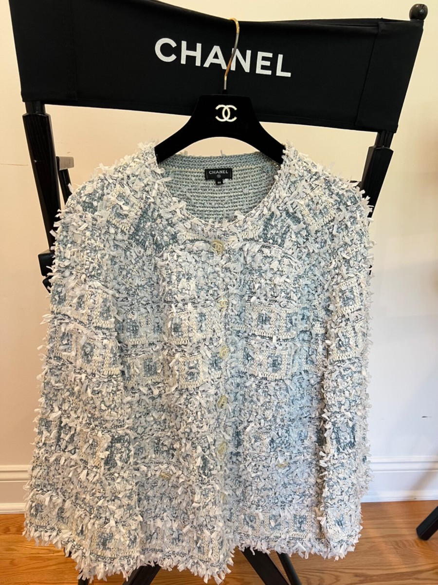 NEW CHANEL 18P BLUE CC LOGO BUTTON CARDIGAN JACKET BLAZER FR46 