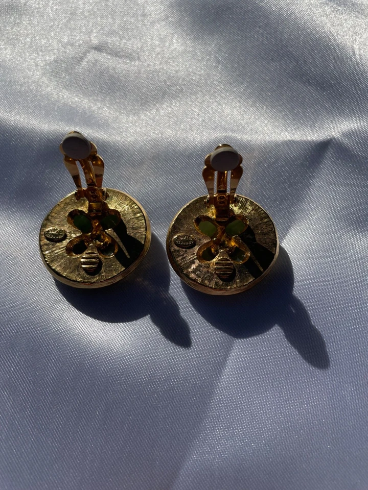 PENDIENTES CLIP CRISTAL ESMALTE NEGRO JADE IMITACIÓN VERDE ART DECO VINTAGE KENNETH LANE Foto 3 de 4