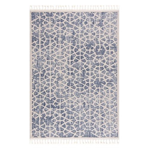 Teppich Art Skandi Look Blau Creme Kurzflor Fransen Wohnzimmer Schlafzimmer Flur - Bild 2 von 35
