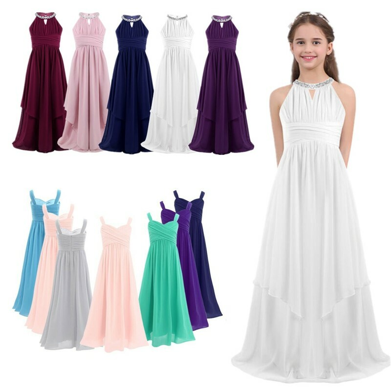 Kids Girls Chiffon Pleated Long Dress Princess Wedding Bridesmaid Party  Dresses | eBay